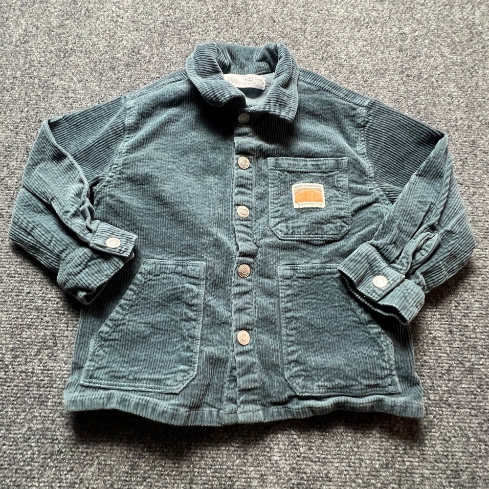 Zara Kids Corduroy Shirt Jacket Teal Blue Green Mount Kilimanjaro Patch Size 3-4